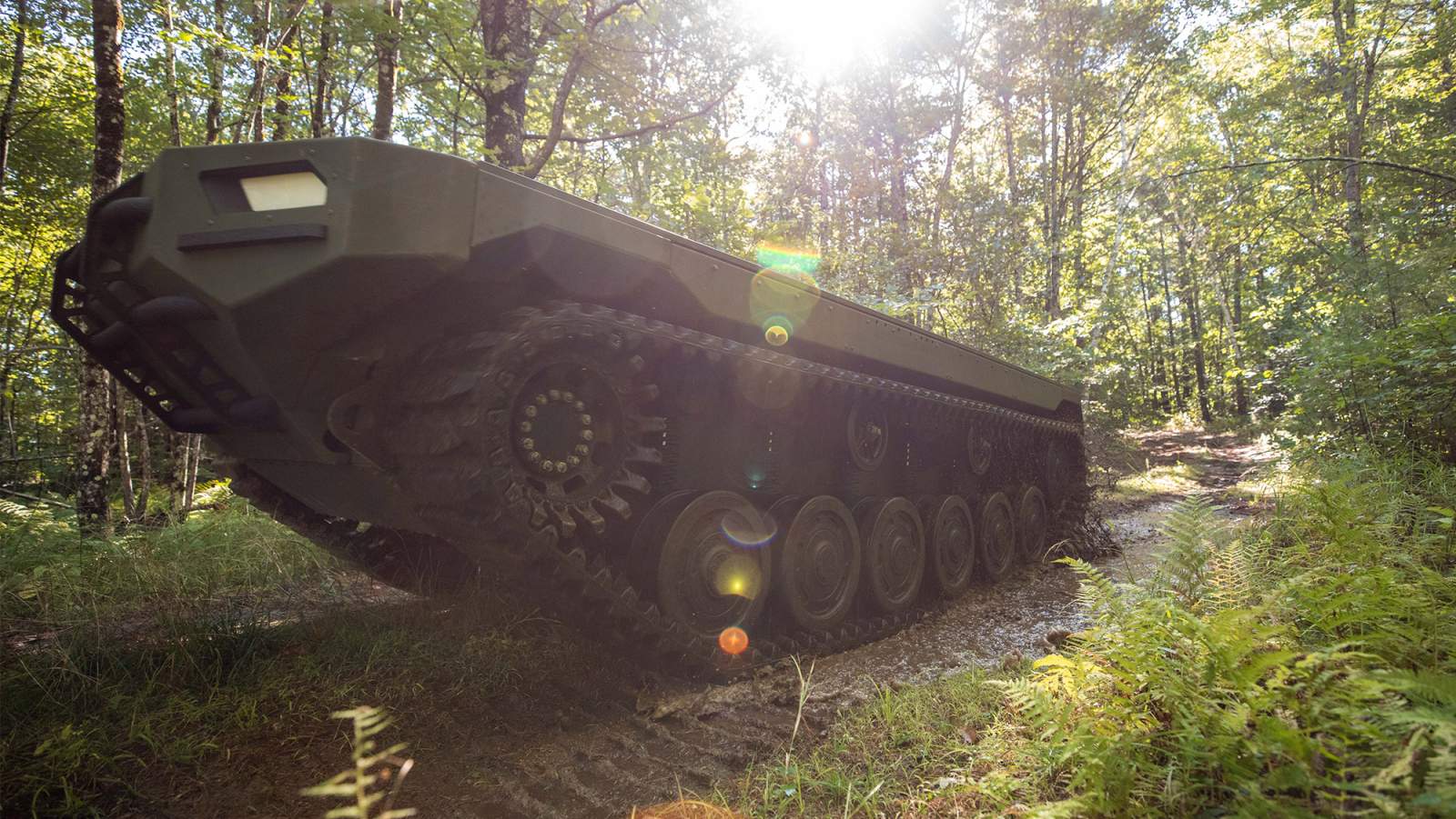 military robotic combat vehicle in the forest. 