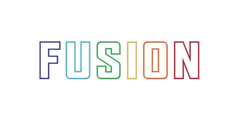 FUSION in rainbow letters. 